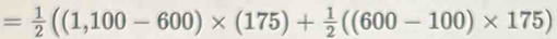 = 1/2 ((1,100-600)* (175)+ 1/2 ((600-100)* 175)