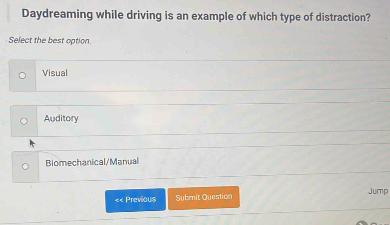 Daydreaming while driving is an example of which type of distraction?
Select the best option.
Visual
Auditory
Biomechanical/Manual
Jump
<< Previous Submit Question