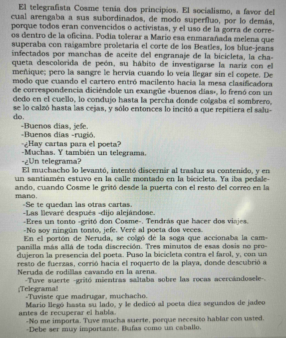 El telegrafista Cosme tenía dos principios. El socialismo, a favor del
cual arengaba a sus subordinados, de modo superfluo, por lo demás,
porque todos eran convencidos o activistas, y el uso de la gorra de corre-
os dentro de la oficina. Podía tolerar a Mario esa enmarañada melena que
superaba con raigambre proletaria el corte de los Beatles, los blue-jeans
infectados por manchas de aceite del engranaje de la bicicleta, la cha-
queta descolorida de peón, su hábito de investigarse la nariz con el
meñique; pero la sangre le hervia cuando lo veía llegar sin el copete. De
modo que cuando el cartero entró macilento hacia la mesa clasificadora
de correspondencia diciéndole un exangüe «buenos días», lo frenó con un
dedo en el cuello, lo condujo hasta la percha donde colgaba el sombrero,
se lo calzó hasta las cejas, y sólo entonces lo incitó a que repitiera el salu-
do.
-Buenos dias, jefe.
-Buenos días -rugió.
-¿Hay cartas para el poeta?
-Muchas. Y también un telegrama.
-¿Un telegrama?
El muchacho lo levantó, intentó discernir al trasluz su contenido, y en
un santiamén estuvo en la calle montado en la bicicleta. Ya iba pedale-
ando, cuando Cosme le gritó desde la puerta con el resto del correo en la
mano.
-Se te quedan las otras cartas.
-Las llevaré después -dijo alejándose.
-Eres un tonto -gritó don Cosme-. Tendrás que hacer dos viajes.
-No soy ningún tonto, jefe. Veré al poeta dos veces.
En el portón de Neruda, se colgó de la soga que accionaba la cam-
panilla más allá de toda discreción. Tres minutos de esas dosis no pro-
dujeron la presencia del poeta. Puso la bicicleta contra el farol, y, con un
resto de fuerzas, corrió hacia el roquerto de la playa, donde descubrió a
Neruda de rodillas cavando en la arena.
-Tuve suerte -gritó mientras saltaba sobre las rocas acercándosele-.
¡Telegrama!
-Tuviste que madrugar, muchacho.
Mario llegó hasta su lado, y le dedicó al poeta diez segundos de jadeo
antes de recuperar el habla.
-No me importa. Tuve mucha suerte, porque necesito hablar con usted.
-Debe ser muy importante. Bufas como un caballo.