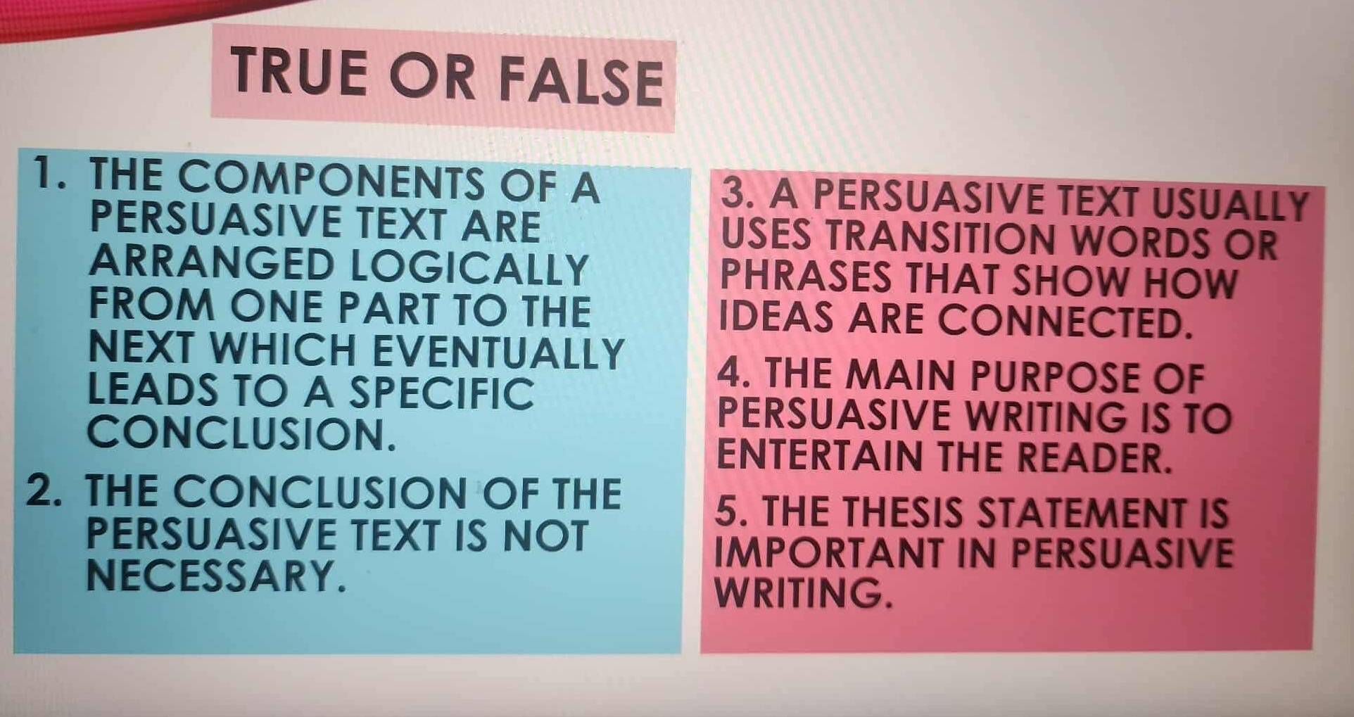Solved: TRUE OR FALSE 1. THE COMPONENTS OF A 3. A PERSUASIVE TEXT ...