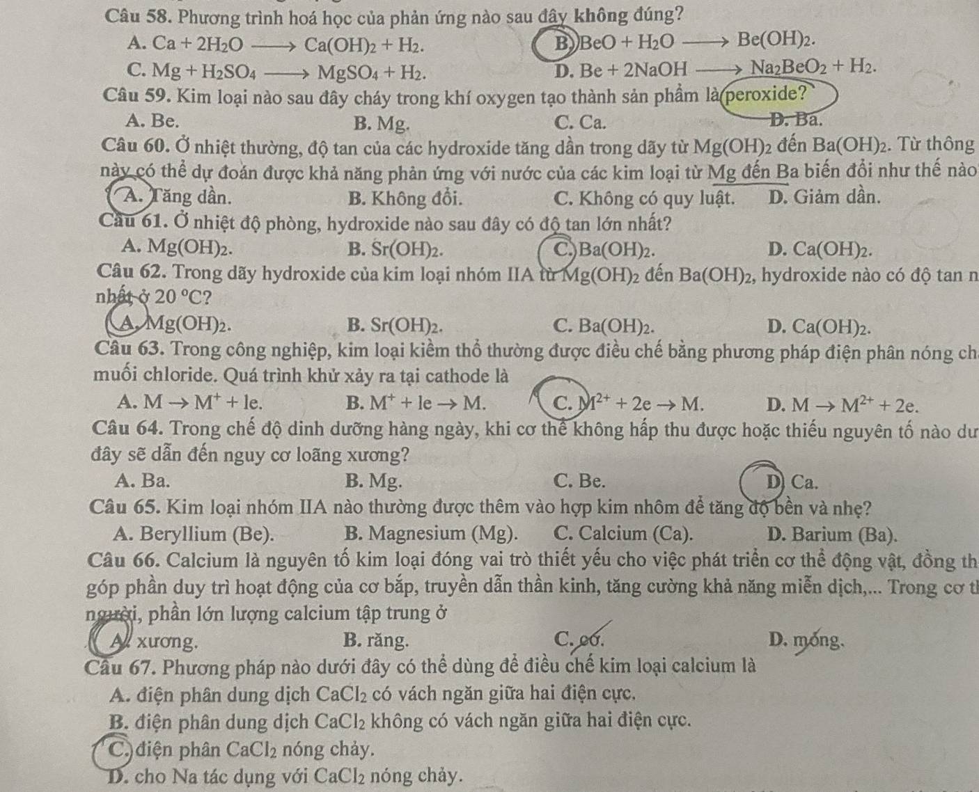 Phương trình hoá học của phản ứng nào sau đây không đúng?
A. Ca+2H_2Oto Ca(OH)_2+H_2. B BeO+H_2Oto Be(OH)_2.
C. Mg+H_2SO_4to MgSO_4+H_2. D. Be+2NaOHto Na_2BeO_2+H_2.
Câu 59. Kim loại nào sau đây cháy trong khí oxygen tạo thành sản phầm là (peroxide?
A. Be. B. Mg. C. Ca. D. Ba.
Câu 60. Ở nhiệt thường, độ tan của các hydroxide tăng dần trong dãy từ Mg(OH)_2 đến Ba(OH)_2. Từ thông
này có thể dự đoán được khả năng phản ứng với nước của các kim loại từ Mg đến Ba biến đổi như thế nào
A. Tăng dần. B. Không đổi. C. Không có quy luật. D. Giảm dần.
Cầu 61. Ở nhiệt độ phòng, hydroxide nào sau đây có độ tan lớn nhất?
A. Mg(OH)_2. B. Sr(OH)_2. C Ba(OH)_2. D. Ca(OH)_2.
Câu 62. Trong dãy hydroxide của kim loại nhóm IIA từ Mg(OH)_2 đến Ba(OH)_2 , hydroxide nào có độ tan n
nhất ở 20°C
a Mg(OH)_2.
B. Sr(OH)_2. Ba(OH)_2 Ca(OH)_2.
C.
D.
Câu 63. Trong công nghiệp, kim loại kiểm thổ thường được điều chế bằng phương pháp điện phân nóng ch
muối chloride. Quá trình khử xảy ra tại cathode là
A. Mto M^++le. B. M^++leto M. C. M^(2+)+2eto M. D. Mto M^(2+)+2e.
Câu 64. Trong chế độ dinh dưỡng hàng ngày, khi cơ thể không hấp thu được hoặc thiếu nguyên tố nào dư
đây sẽ dẫn đến nguy cơ loãng xương?
A. Ba. B. Mg. C. Be. D) Ca.
Câu 65. Kim loại nhóm IIA nào thường được thêm vào hợp kim nhôm để tăng độ bền và nhẹ?
A. Beryllium (Be). B. Magnesium (Mg). C. Calcium (Ca). D. Barium (Ba).
Câu 66. Calcium là nguyên tố kim loại đóng vai trò thiết yếu cho việc phát triển cơ thể động vật, đồng th
góp phần duy trì hoạt động của cơ bắp, truyền dẫn thần kinh, tăng cường khả năng miễn dịch,... Trong cơ tỉ
người, phần lớn lượng calcium tập trung ở
A xương. B. răng. C. eo. D. móng.
Cầu 67. Phương pháp nào dưới đây có thể dùng để điều chế kim loại calcium là
A. điện phân dung dịch CaCl_2 có vách ngăn giữa hai điện cực.
B. điện phân dung dịch CaCl_2 không có vách ngăn giữa hai điện cực.
C) điện phân CaCl_2 nóng chảy.
D. cho Na tác dụng với CaCl_2 nóng chảy.