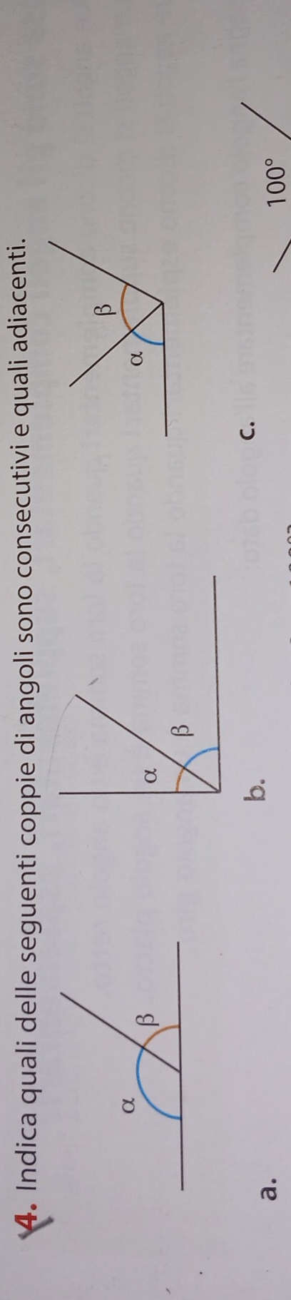Indica quali delle seguenti coppie di angoli sono consecutivi e quali adiacenti.
C.
a.
b.
100°