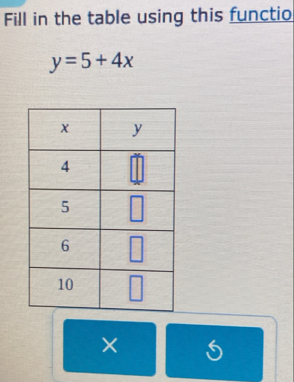 Fill in the table using this functio
y=5+4x
X
5