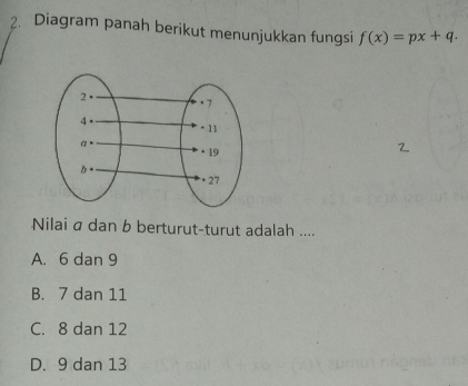 Diagram panah berikut menunjukkan fungsi f(x)=px+q.
Nilai a dan b berturut-turut adalah ....
A. 6 dan 9
B. 7 dan 11
C. 8 dan 12
D. 9 dan 13