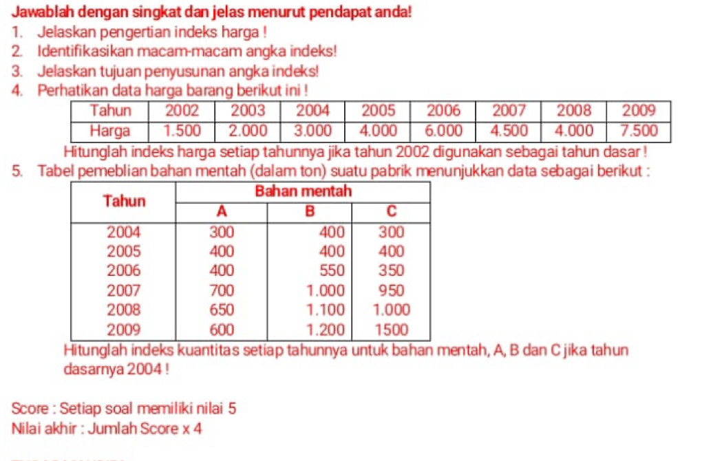 Jawablah dengan singkat dan jelas menurut pendapat anda! 
1. Jelaskan pengertian indeks harga ! 
2. Identifikasikan macam-macam angka indeks! 
3. Jelaskan tujuan penyusunan angka indeks! 
4. Perhatikan data harga barang berikut ini ! 
Hitunglah indeks harga setiap tahunnya jika tahun 2002 digunakan sebagai tahun dasar ! 
5. Tabel pemeblian bahan mentah (dalam ton) suatu pabrik menunjukkan data sebagai berikut : 
Hitunglah indeks kuantitas setiap tahunnya untuk bahan mentah, A, B dan C jika tahun 
dasarnya 2004! 
Score : Setiap soal memiliki nilai 5
Nilai akhir : Jumlah Score * 4