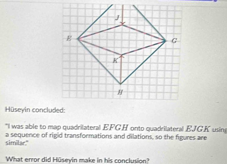 Hüseyin concluded: 
"I was able to map quadrilateral EFGH onto quadrilateral EJGK using 
a sequence of rigid transformations and dilations, so the figures are 
similar." 
What error did Hüseyin make in his conclusion?