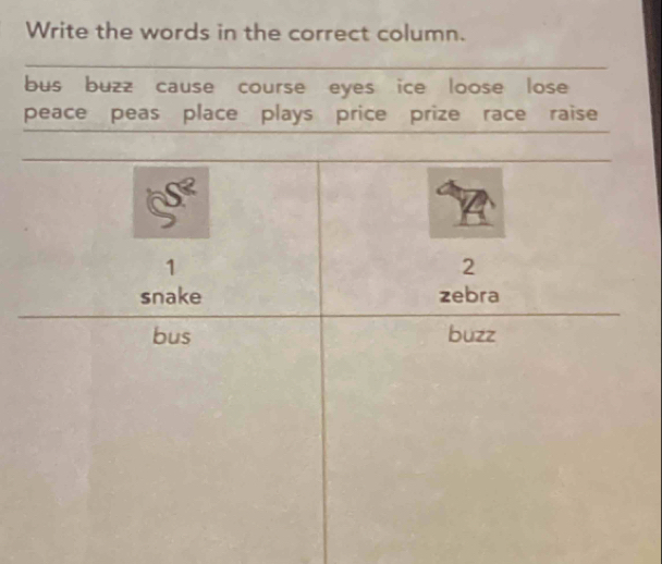 Write the words in the correct column. 
bus buzz cause course eyes ice loose lose 
peace peas place plays price prize race raise