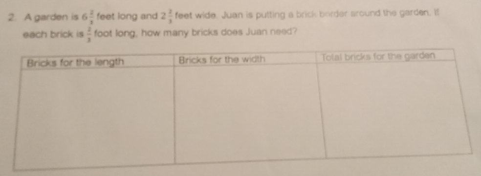 A garden is 6 2/3  feet long and 2 2/3  feet wide. Juan is putting a brick border around the garden. If 
each brick is  2/3  foot long, how many bricks does Juan need?