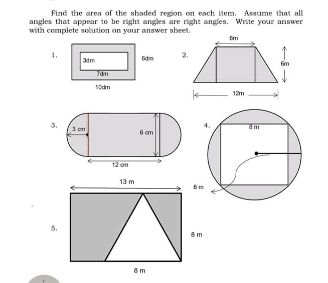 Solved: Find the area of the shaded region on each item. Assume that ...