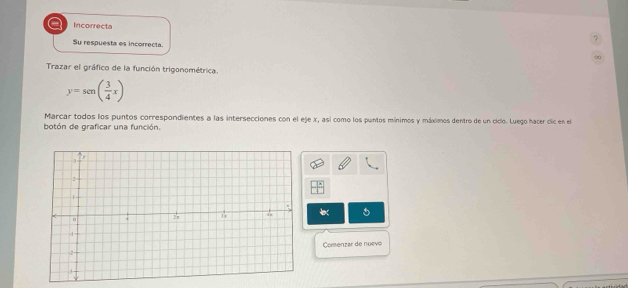 a Incorrecta 
Su respuesta es incorrecta. 
Trazar el gráfico de la función trigonométrica.
y=sen ( 3/4 x)
Marcar todos los puntos correspondientes a las intersecciones con el eje x, así como los puntos mínimos y máximos dentro de un ciclo. Luego hacer clic en el 
botón de graficar una función. 

Comenzar de nuevo