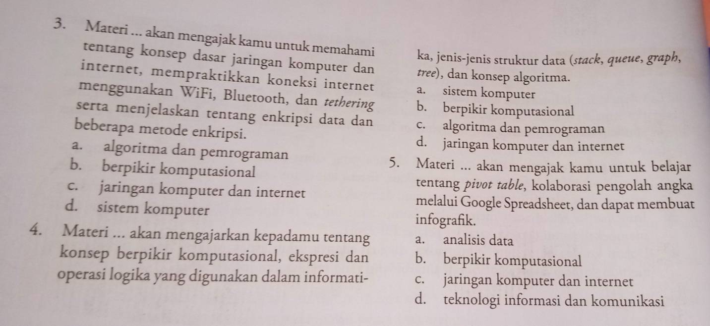 Materi ... akan mengajak kamu untuk memahami ka, jenis-jenis struktur data (stack, queue, graph,
tentang konsep dasar jaringan komputer dan tree), dan konsep algoritma.
internet, mempraktikkan koneksi internet a. sistem komputer
menggunakan WiFi, Bluetooth, dan tethering b. berpikir komputasional
serta menjelaskan tentang enkripsi data dan c. algoritma dan pemrograman
beberapa metode enkripsi.
d. jaringan komputer dan internet
a. algoritma dan pemrograman
b. berpikir komputasional
5. Materi ... akan mengajak kamu untuk belajar
tentang pivot table, kolaborasi pengolah angka
c. jaringan komputer dan internet
melalui Google Spreadsheet, dan dapat membuat
d. sistem komputer
infografik.
4. Materi ... akan mengajarkan kepadamu tentang a. analisis data
konsep berpikir komputasional, ekspresi dan b. berpikir komputasional
operasi logika yang digunakan dalam informati- c. jaringan komputer dan internet
d. teknologi informasi dan komunikasi