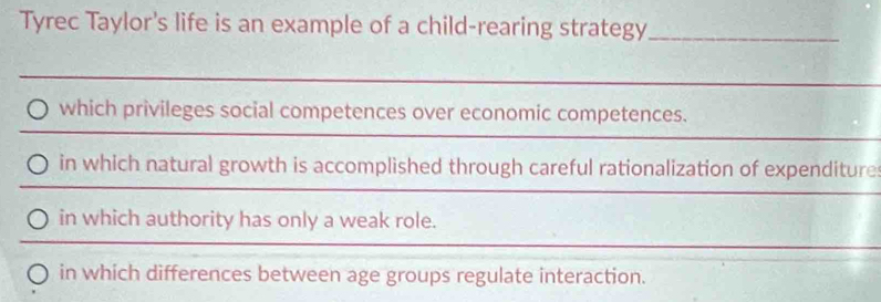 Tyrec Taylor's life is an example of a child-rearing strategy_
which privileges social competences over economic competences.
in which natural growth is accomplished through careful rationalization of expenditure
in which authority has only a weak role.
in which differences between age groups regulate interaction.