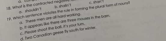 a. com
18. What is the contracted negative c. shan't
19. Which sentence violates the rule in forming the plural form of nouns? a. shouldn't b. shalln't
a. These men are all hard working.
b. It appears like there are three mouses in the barn.
c. Please shoot the ball, it's your turn.
d. Two Canadian geese fly south for winter.