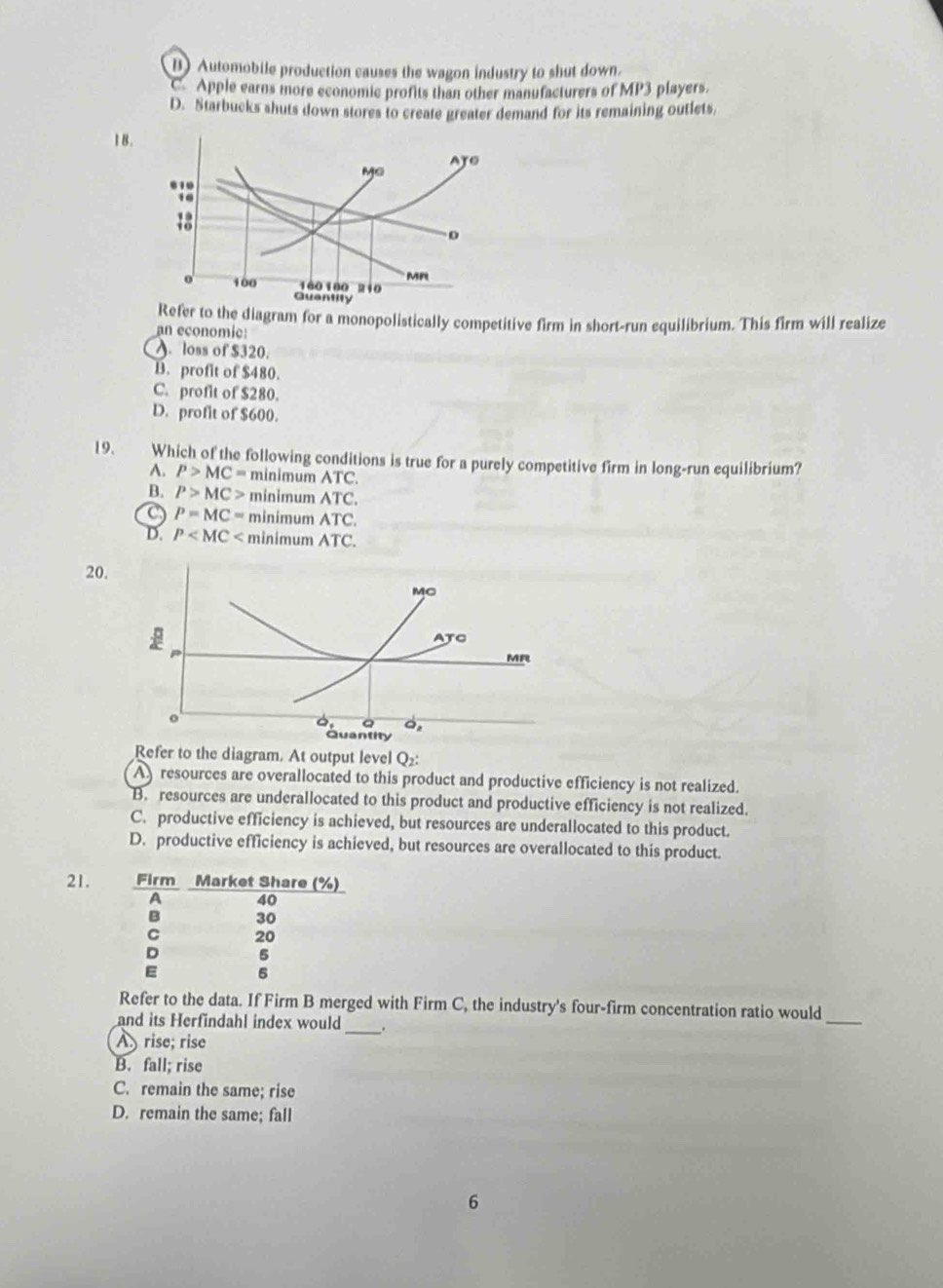 B) Automobile production causes the wagon industry to shut down.
C. Apple earns more economic profits than other manufacturers of MP3 players.
D. Starbucks shuts down stores to create greater demand for its remaining outlets,
18
Refer to the diagram for a monopolistically competitive firm in short-run equilibrium. This firm will realize
an economic:. loss of $320.
B. profit of $480.
C. profit of $280.
D. profit of $600.
19. Which of the following conditions is true for a purely competitive firm in long-run equilibrium?
A. P>MC= minimum ATC.
B. P>MC> minimum ATC.
P=MC= minimum ATC.
D. P < minimum ATC.
20.
MO
2
ATo
MR
o

Q a
Quantity
Refer to the diagram. At output level Q₂ :
A) resources are overallocated to this product and productive efficiency is not realized.
B. resources are underallocated to this product and productive efficiency is not realized.
C. productive efficiency is achieved, but resources are underallocated to this product.
D. productive efficiency is achieved, but resources are overallocated to this product.
21. Firm Market Share (% )
A 40
B 30
C 20
D 5
E 5
Refer to the data. If Firm B merged with Firm C, the industry's four-firm concentration ratio would
and its Herfindahl index would _、
_
A rise; rise
B. fall; rise
C. remain the same; rise
D. remain the same; fall
6
