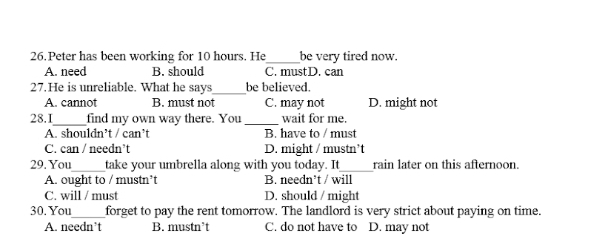 Peter has been working for 10 hours. He be very tired now.
A. need B. should C. mustD. can
_
27.He is unreliable. What he says be believed.
A. cannot B. must not C. may not D. might not
28.I_ find my own way there. You_ wait for me.
A. shouldn’t / can’t B. have to / must
C. can / needn’t D. might / mustn’t
29. You_ take your umbrella along with you today. It_ rain later on this afternoon.
A. ought to / mustn’t B. needn’t / will
C. will / must D. should / might
30. You_ forget to pay the rent tomorrow. The landlord is very strict about paying on time.
A. needn’t B. mustn’t C. do not have to D. may not