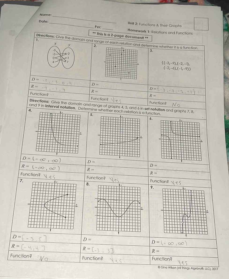Solved: Name:_ Date:_ Unit 2: Functions & Their Graphs Per: _Homework 1 ...