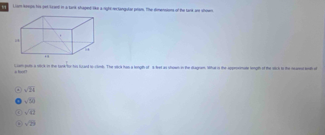 Liam keeps his pet lizard in a tank shaped like a right rectangular prism. The dimensions of the tank are shown.
Liam puts a stick in the tank-for his lizard to climb. The stick has a length of s feet as shown in the diagram. What is the approximate length of the stick to the nearest tenth of
a. foot?
sqrt(24)
a sqrt(50)
a sqrt(42)
D sqrt(29)