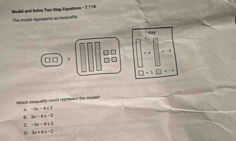 Model and Solve Two Step Equations - 7.11A
The model represents an inequality.
Key
=x
=-x
2
]=1 =-1
Which inequality could represent the model?
A. -3x-4≤ 2
B. 3x-4≥ -2
C. -3x-4≥ 2
D. 3x+4≤ -2