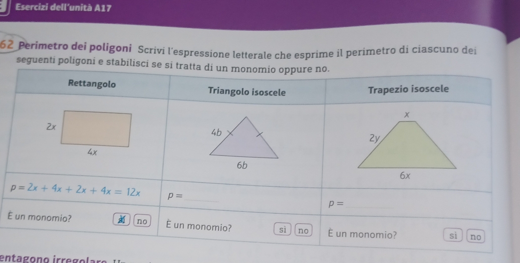 Esercizi dell’unità A17
62 Perimetro dei poligoni Scrivi l'espressione letterale che esprime il perimetro di ciascuno dei
seguenti poligoni e stabil
É
entagono irrego l ar