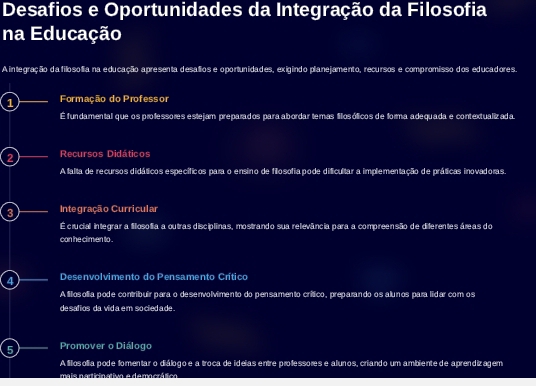 Desafios e Oportunidades da Integração da Filosofia 
na Educação 
A integração da filosofia na educação apresenta desafios e oportunidades, exigindo planejamento, recursos e compromisso dos educadores. 
1 Formação do Professor 
É fundamentall que os professores estejam preparados para abordar temas fillosóficos de forma adequada e contextualizada 
2 Recursos Didáticos 
A falta de recursos didáticos específicos para o ensino de filosofia pode dificultar a implementação de práticas inovadoras. 
3 Integração Curricular 
É crucial integrar a fillosofia a outras disciplinas, mostrando sua relevância para a compreensão de diferentes áreas do 
can he cimen to . 
Desenvolvimento do Pensamento Crítico 
A filios olia pode contribuir para o desenvolvimento do pensamento crítico, preparando os alunos para lidar com os 
de safios da vid a em so cied a de . 
5 Promover o Diálogo 
A fillosofia pode fomentar o diálogo e a troca de ideias entre professores e alunos, criando um ambiente de aprendizagem 
mais narticinativo e demacrátio