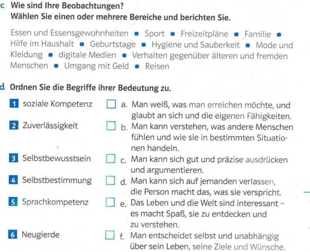 Wie sind Ihre Beobachtungen?
Wählen Sie einen oder mehrere Bereiche und berichten Sie.
Essen und Essensgewohnheiten • Sport ■ Freizeitpläne Familie
Hilfe im Haushalt ■ Geburtstage ■ Hygiene und Sauberkeit Mode und
Kleidung digitale Medien Verhalten gegenüber älteren und fremden
Menschen Umgang mit Geld Reisen
d Ordnen Sie die Begriffe ihrer Bedeutung zu.
soziale Kompetenz a. Man weiß, was man erreichen möchte, und
glaubt an sich und die eigenen Fähigkeiten.
2. Zuverlässigkeit b. Man kann verstehen, was andere Menschen
fühlen und wie sie in bestimmten Situatio-
nen handeln.
Selbstbewusstsein c. Man kann sich gut und präzise ausdrücken
und argumentieren.
4 Selbstbestimmung d. Man kann sich auf jemanden verlassen,
die Person macht das, was sie verspricht.
5 Sprachkompetenz e. Das Leben und die Welt sind interessant -
es macht Spaß, sie zu entdecken und
zu verstehen.
6 Neugierde f. Man entscheidet selbst und unabhängig
über sein Leben, seine Ziele und Wünsche.