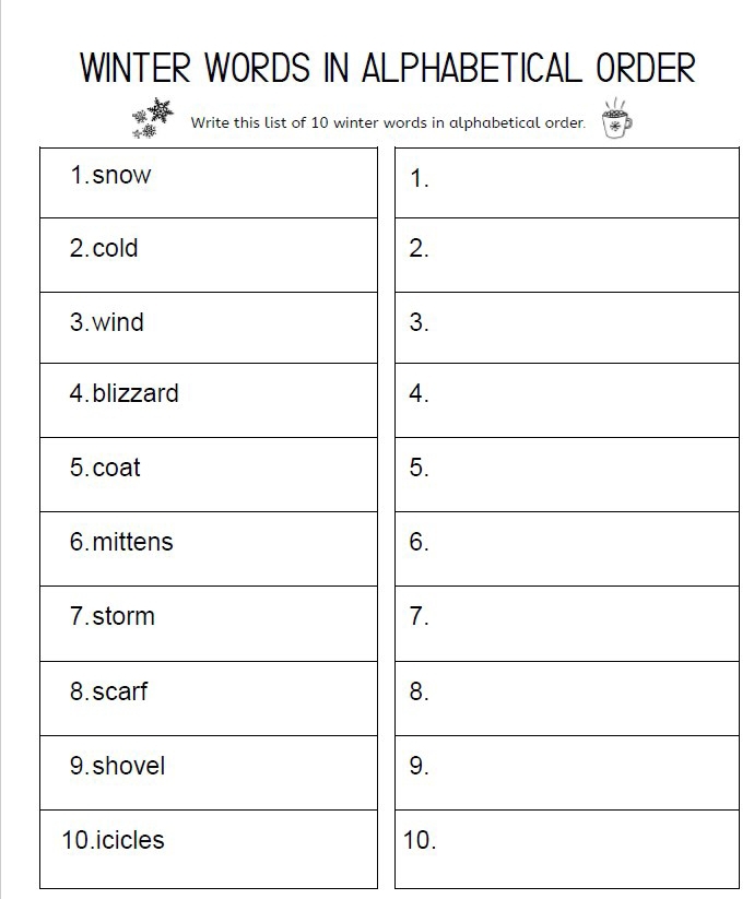 WINTER WORDS IN ALPHABETICAL ORDER