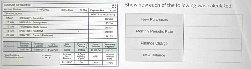 how each of the following was calculated: