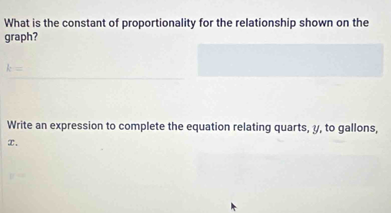 What is the constant of proportionality for the relationship shown on the 
graph?
k=
Write an expression to complete the equation relating quarts, y, to gallons,
x.
y=0