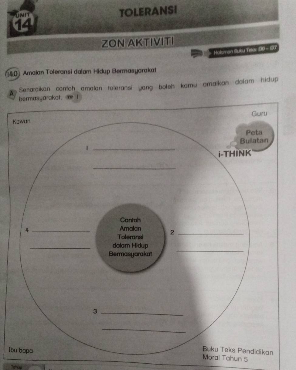 UNIT TOLERANSI 
ZON AKTIVITI 
Halaman Suku Teks: 130 - 137
14.0 Amalan Toleransi dalam Hidup Bermasyarakat 
A Senaraikan contoh amalan toleransi yang boleh kamu amalkan dalam hidup 
kat. 
K 
IbMoral Tahun 5 
Tshap