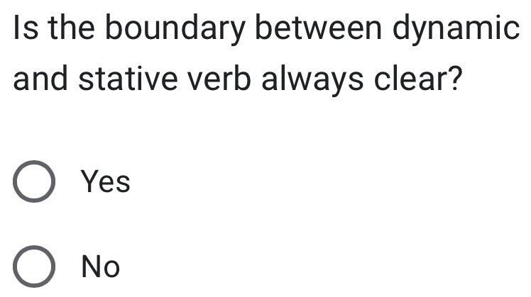 Is the boundary between dynamic
and stative verb always clear?
Yes
No