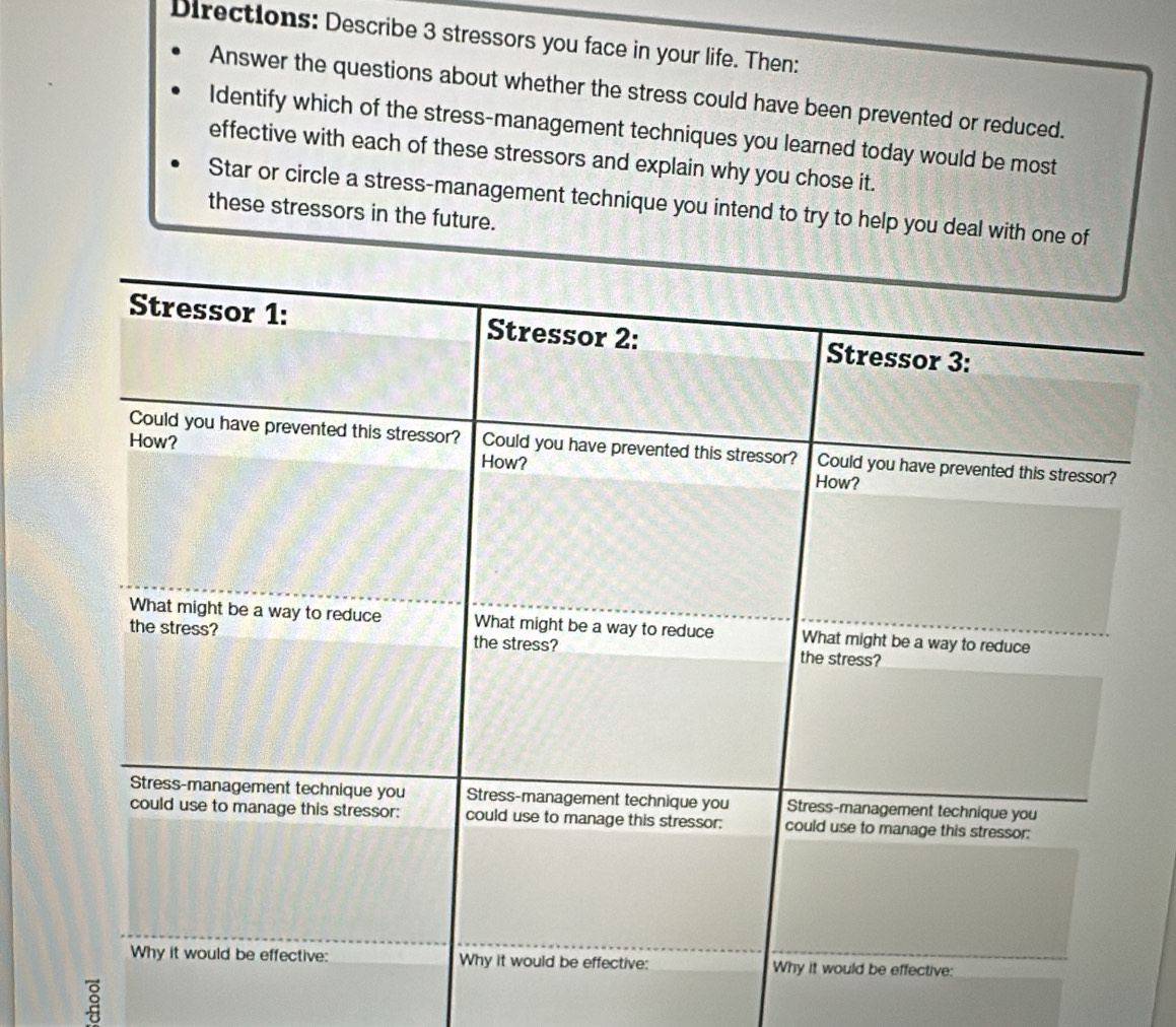 Directions: Describe 3 stressors you face in your life. Then: 
Answer the questions about whether the stress could have been prevented or reduced. 
Identify which of the stress-management techniques you learned today would be most 
effective with each of these stressors and explain why you chose it. 
Star or circle a stress-management technique you intend to try to help you deal with one of 
these stressors in the future. 
Stressor 1: Stressor 2: Stressor 3: 
How? 
Could you have prevented this stressor? Could you have prevented this stressor? Could you have prevented this stressor? 
How? How? 
What might be a way to reduce What might be a way to reduce What might be a way to reduce 
the stress? the stress? the stress? 
Stress-management technique you Stress-management technique you Stress-management technique you 
could use to manage this stressor: could use to manage this stressor: could use to manage this stressor: 
Why it would be effective: Why it would be effective: Why it would be effective: