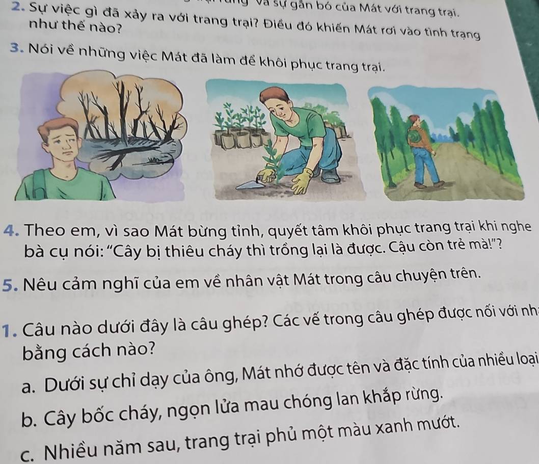 Và sự gắn bó của Mát với trang trại.
2. Sự việc gì đã xảy ra với trang trại? Điều đó khiến Mát rơi vào tình trạng
như thế nào?
3. Nói về những việc Mát đã làm để khôi phục trang trại.
4. Theo em, vì sao Mát bừng tỉnh, quyết tâm khôi phục trang trại khi nghe
bà cụ nói: “Cây bị thiêu cháy thì trồng lại là được. Cậu còn trẻ mà!”?
5. Nêu cảm nghĩ của em về nhân vật Mát trong câu chuyện trên.
1. Câu nào dưới đây là câu ghép? Các vế trong câu ghép được nối với nh
bằng cách nào?
a. Dưới sự chỉ dạy của ông, Mát nhớ được tên và đặc tính của nhiều loại
b. Cây bốc cháy, ngọn lửa mau chóng lan khắp rừng.
c. Nhiều năm sau, trang trại phủ một màu xanh mướt.