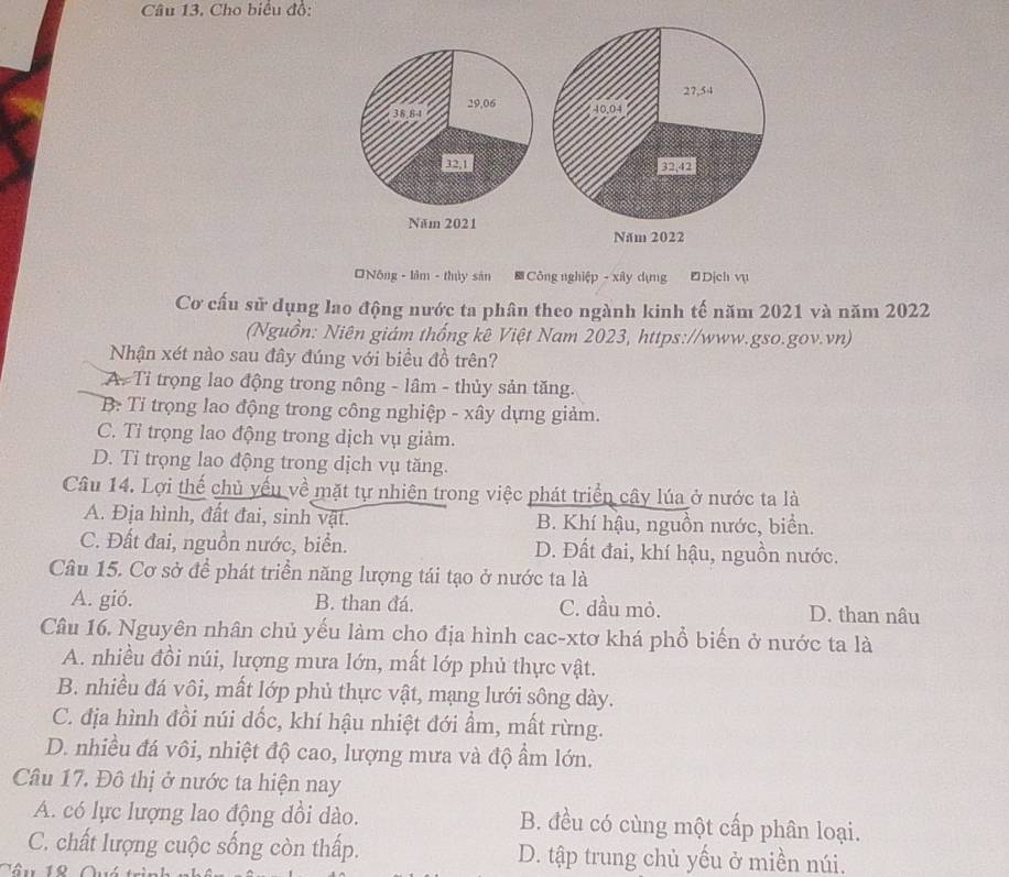 Cho biểu đồ:
Nông - lầm - thủy sản B # Công nghiệp - xây dụng Dịch vụ
Cơ cấu sử dụng lao động nước ta phân theo ngành kinh tế năm 2021 và năm 2022
(Nguồn: Niên giám thống kê Việt Nam 2023, https://www.gso.gov.vn)
Nhận xét nào sau đây đúng với biểu đồ trên?
A. Tỉ trọng lao động trong nông - lâm - thủy sản tăng.
B: Tỉ trọng lao động trong công nghiệp - xây dựng giảm.
C. Tỉ trọng lao động trong dịch vụ giảm.
D. Tỉ trọng lao động trong dịch vụ tăng.
Câu 14. Lợi thế chủ yếu về mặt tự nhiện trong việc phát triển cây lúa ở nước ta là
A. Địa hình, đất đai, sinh vật. B. Khí hậu, nguồn nước, biển.
C. Đất đai, nguồn nước, biển. D. Đất đai, khí hậu, nguồn nước.
Câu 15. Cơ sở để phát triển năng lượng tái tạo ở nước ta là
A. gió. B. than đá. C. dầu mỏ. D. than nâu
Câu 16. Nguyên nhân chủ yếu làm cho địa hình cac-xtơ khá phổ biển ở nước ta là
A. nhiều đồi núi, lượng mưa lớn, mất lớp phủ thực vật.
B. nhiều đá vôi, mất lớp phủ thực vật, mạng lưới sông dày.
C. địa hình đồi núi dốc, khí hậu nhiệt đới ẩm, mất rừng.
D. nhiều đá vôi, nhiệt độ cao, lượng mưa và độ ẩm lớn.
Câu 17. Đô thị ở nước ta hiện nay
A. có lực lượng lao động dồi dào. B. đều có cùng một cấp phân loại.
C. chất lượng cuộc sống còn thấp. D. tập trung chủ yếu ở miền núi.