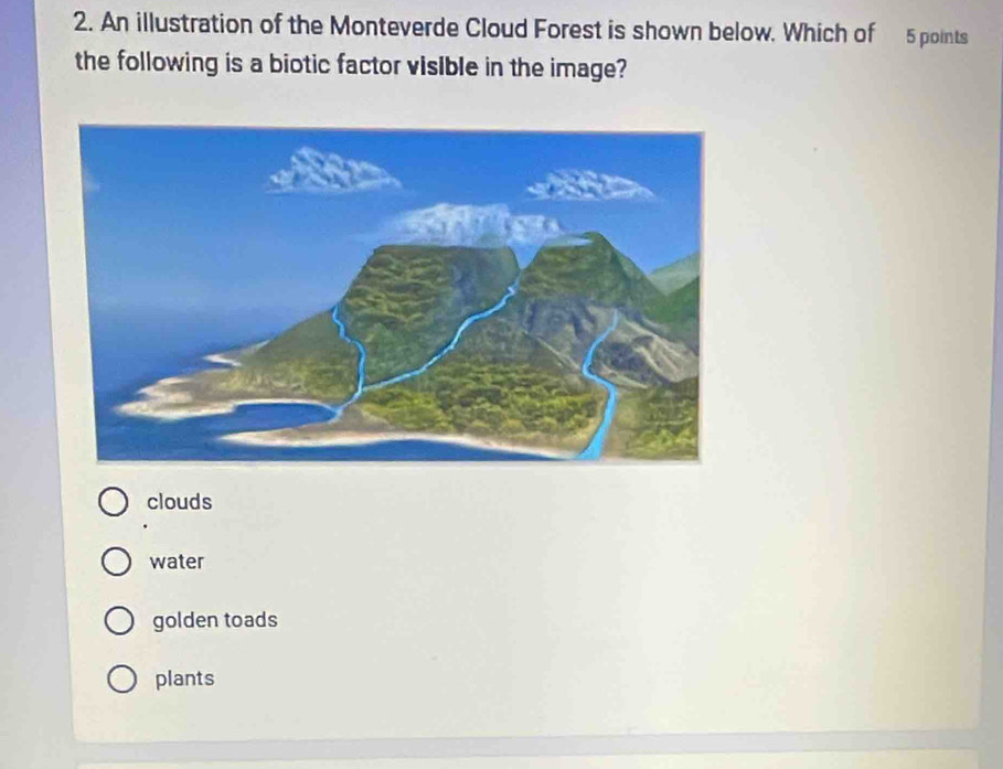 An illustration of the Monteverde Cloud Forest is shown below. Which of 5 points
the following is a biotic factor visible in the image?
clouds
water
golden toads
plants