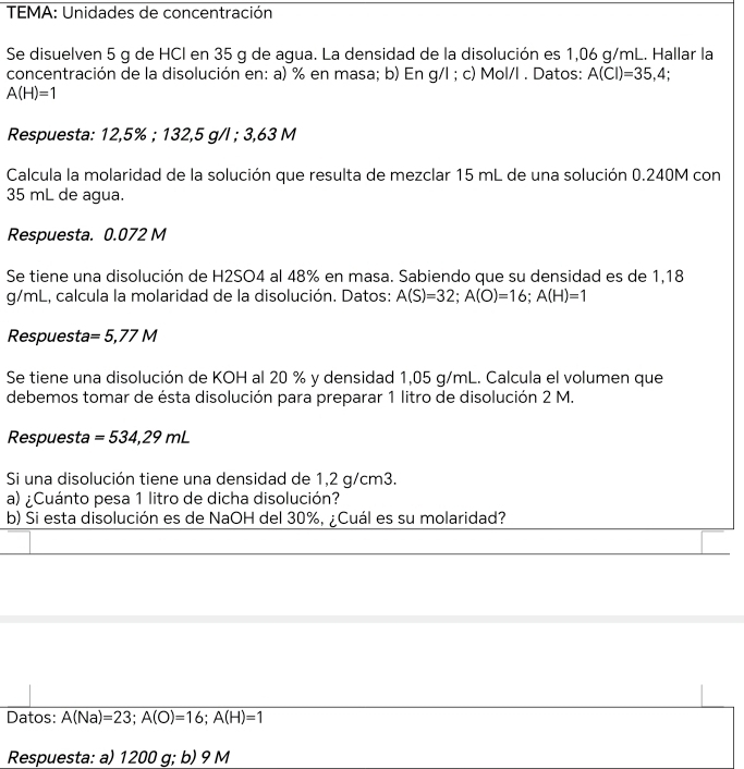 TEMA: Unidades de concentración 
Se disuelven 5 q de HCl en 35 q de aqua. La densidad de la disolución es 1,06 q/mL. Hallar la 
concentración de la disolución en: a) % en masa; b) En g/l; c) Mol/l. Datos: A(CI)=35,4
A(H)=1
Respuesta: 12,5%; 132,5 g/l; 3,63 M
Calcula la molaridad de la solución que resulta de mezclar 15 mL de una solución 0.240M con
35 mL de agua. 
Respuesta. 0.072 M
Se tiene una disolución de H2SO4 al 48% en masa. Sabiendo que su densidad es de 1,18
g/mL, calcula la molaridad de la disolución. Datos: A(S)=32; A(O)=16; A(H)=1
Respuesta =5,77M
Se tiene una disolución de KOH al 20 % y densidad 1,05 g/mL. Calcula el volumen que 
debemos tomar de ésta disolución para preparar 1 litro de disolución 2 M. 
Respuesta =534,29mL
Si una disolución tiene una densidad de 1,2 g/cm3. 
a) ¿Cuánto pesa 1 litro de dicha disolución? 
b) Si esta disolución es de NaOH del 30%, ¿Cuál es su molaridad? 
Datos: A(Na)=23; A(O)=16; A(H)=1
Respuesta: a) 1200 g; b) 9 M