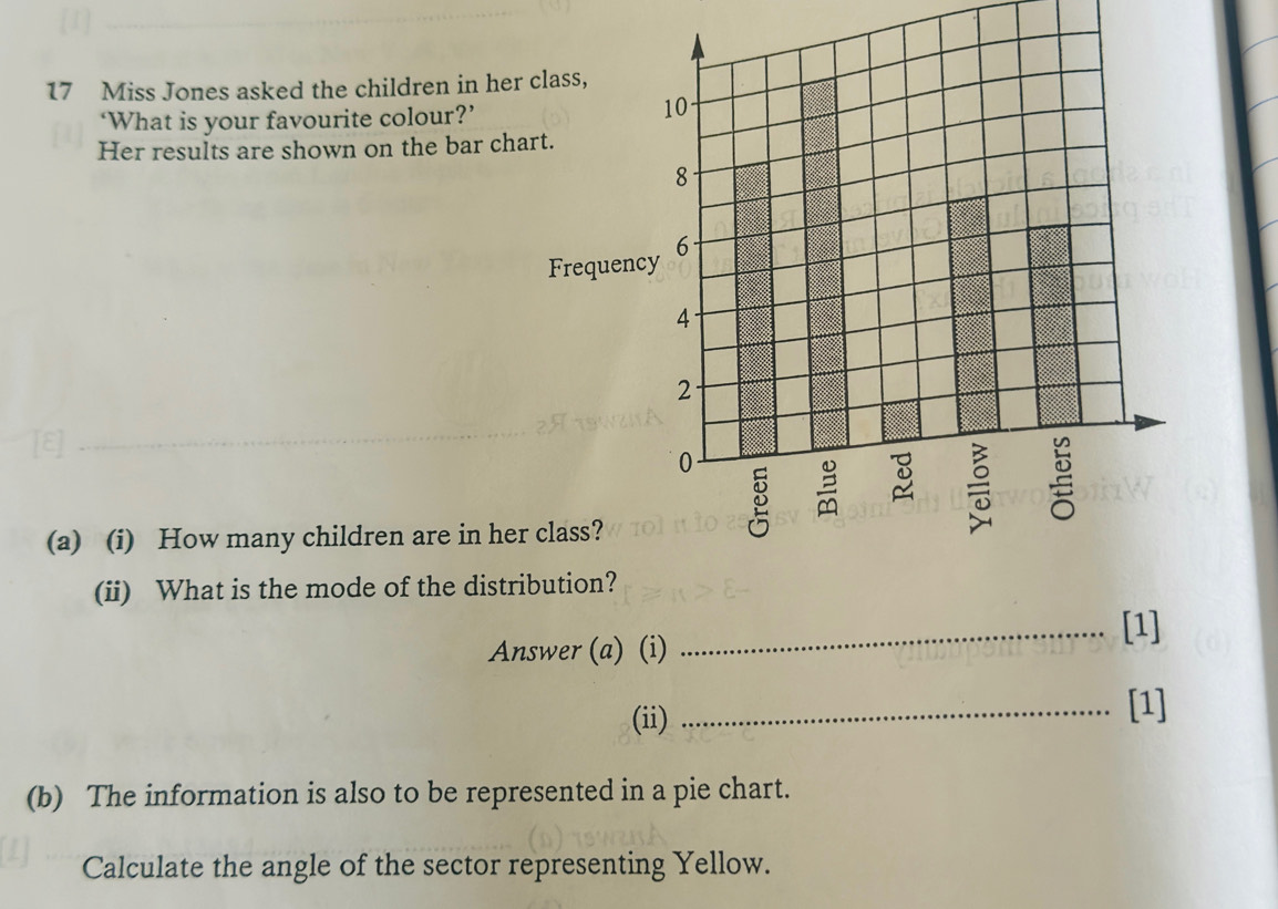 Miss Jones asked the children in her class, 
‘What is your favourite colour?’
10
Her results are shown on the bar chart.
8
Frequency 6
4
2
0
3 = 
(a) (i) How many children are in her class? 
(ii) What is the mode of the distribution? 
_[1] 
Answer (a) (i) 
(ii) _[1] 
(b) The information is also to be represented in a pie chart. 
Calculate the angle of the sector representing Yellow.