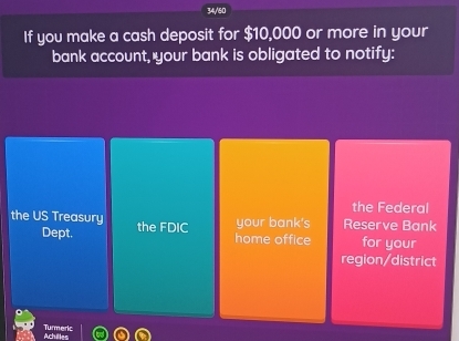 34/60 
If you make a cash deposit for $10,000 or more in your 
bank account, your bank is obligated to notify: 
the Federal 
the US Treasury the FDIC your bank's Reserve Bank 
Dept. home office for your 
region/district 
Achilles Turmeric