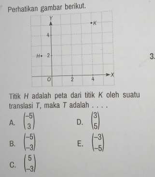 Perhatikan gambar berikut.
3.
Titik H adalah peta dari titik K oleh suatu
translasi T, maka T adalah . . . .
A. beginpmatrix -5 3endpmatrix D. beginpmatrix 3 5endpmatrix
B. beginpmatrix -5 -3endpmatrix E. beginpmatrix -3 -5endpmatrix
C. beginpmatrix 5 -3endpmatrix