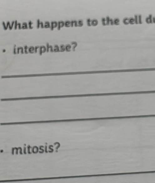 What happens to the cell d 
interphase? 
_ 
_ 
_ 
mitosis? 
_ 
_