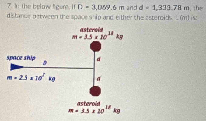 In the below figure. If D=3,069.6m and d=1,333.78m , the
distance between the space ship and either the asteroids. L (m) is: