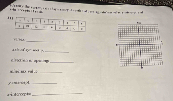 Identify the vertex, axis of symmetry, direction of opening, min/max value, y-intercept, and 
x-intercepts of each. 
1 
_ 
vertex: 
axis of symmetry:_ 
direction of opening:_ 
min/max value:_ 
y-intercept:_ 
x-intercepts: 
_