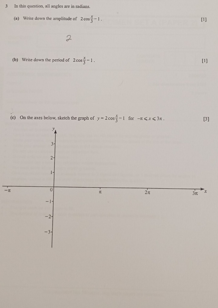 In this question, all angles are in radians. 
(a) Write down the amplitude of 2cos  x/3 -1. [1] 
(b) Write down the period of 2cos  x/3 -1. [1] 
(c) On the axes below, sketch the graph of y=2cos  x/3 -1 for -π ≤slant x≤slant 3π. [3]