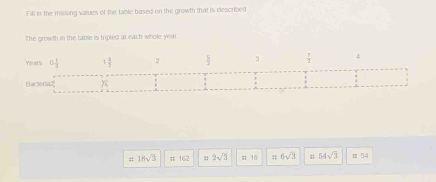 Fill in the missing values of the table based on the growth that is described 
The growth in the table is tripled at each whole year. 
Years 0 1/2  1 3/2  2  5/2  3  7/2  4
Bacteria2 _1^(16_1^4 frac 1) 1endarray
 2/3 .
18sqrt(3) :: 162 :: 2sqrt(3) : 18 :: 6sqrt(3) 54sqrt(3) # 54