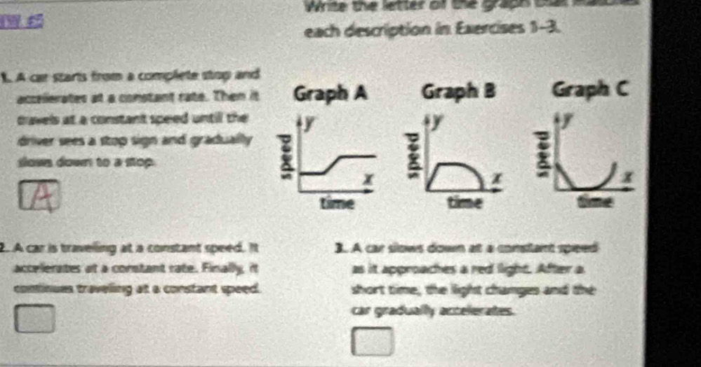 Write the letter of the graph cr i 
each description in Exercises 1-3. 
. A car starts from a complete stop and 
accrllerates at a constant rate. Then it Graph A 
travels at a constant speed until the y
driver sees a stop sign and gradually 
sown down to a stop.
x
time 
2. A car is travelling at a constant speed. It 3. A car slows down at a conslant speed 
accelerates at a corstant rate. Finally, it as it approaches a red light. After a 
continues traveling at a constant speed. short time, the light changes and the 
car gradually accelerates.