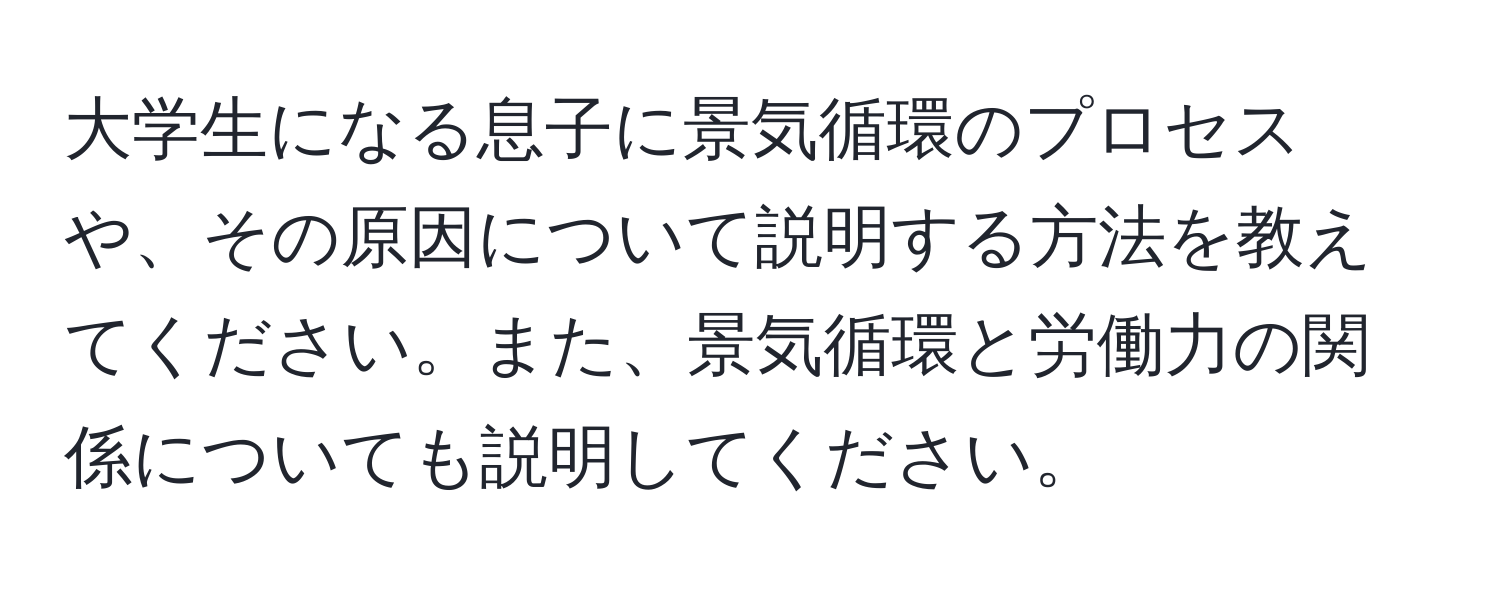 大学生になる息子に景気循環のプロセスや、その原因について説明する方法を教えてください。また、景気循環と労働力の関係についても説明してください。