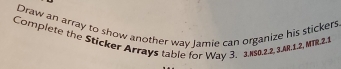Draw an array to show another way Jamie can organize his stickers 
Complete the Sticker Arrays table for Way 3. 1 6 223M 12 MN 21