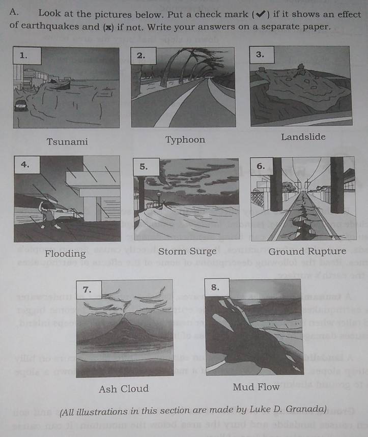 Look at the pictures below. Put a check mark (✔) if it shows an effect
of earthquakes and (x) if not. Write your answers on a separate paper.
Tsunami Typhoon Landslide
Flooding Storm Surge Ground Rupture
Ash Cloud Mud Flow
(All illustrations in this section are made by Luke D. Granada)