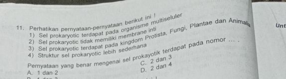 Perhatikan pernyataan-pernyataan berikut ini !
1) Sel prokaryotic terdapat pada organisme multiselule
2) Sel prokaryotic tidak memiliki membrane inti
3) Sel prokaryotic terdapat pada kingdom Protista, Fungi, Plantae dan Animal Unt
4) Struktur sel prokaryotic lebih sederhana
Pernyataan yang benar mengenai sel prokayotik terdapat pada nomor_
A. 1 dan 2
D. 2 dan 4 C. 2 dan 3