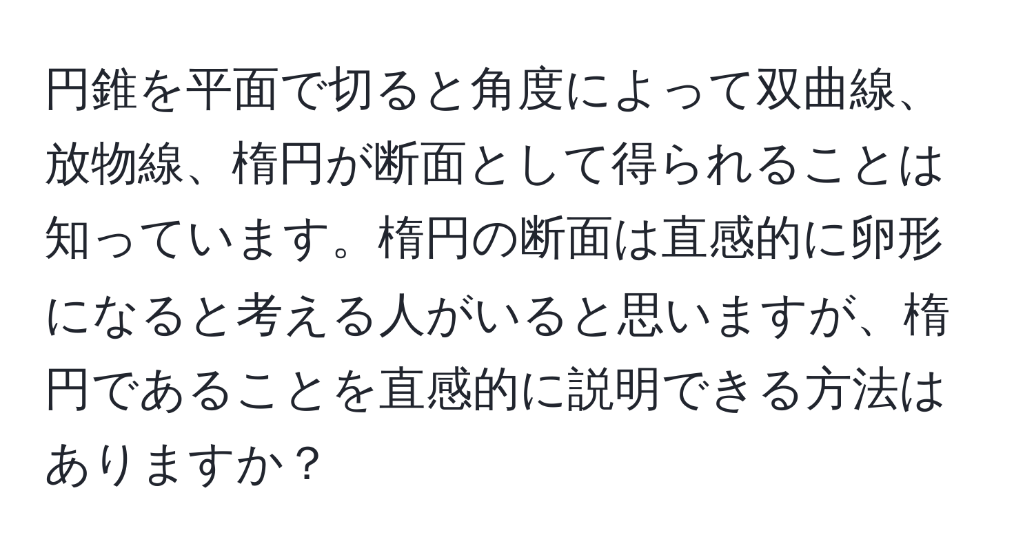 円錐を平面で切ると角度によって双曲線、放物線、楕円が断面として得られることは知っています。楕円の断面は直感的に卵形になると考える人がいると思いますが、楕円であることを直感的に説明できる方法はありますか？