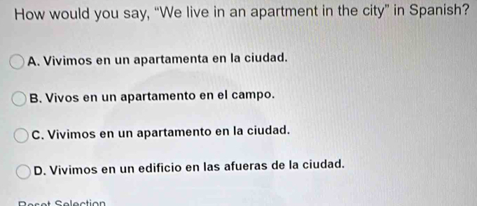 How would you say, “We live in an apartment in the city” in Spanish?
A. Vivimos en un apartamenta en la ciudad.
B. Vivos en un apartamento en el campo.
C. Vivimos en un apartamento en la ciudad.
D. Vivimos en un edificio en las afueras de la ciudad.
Resst Selection